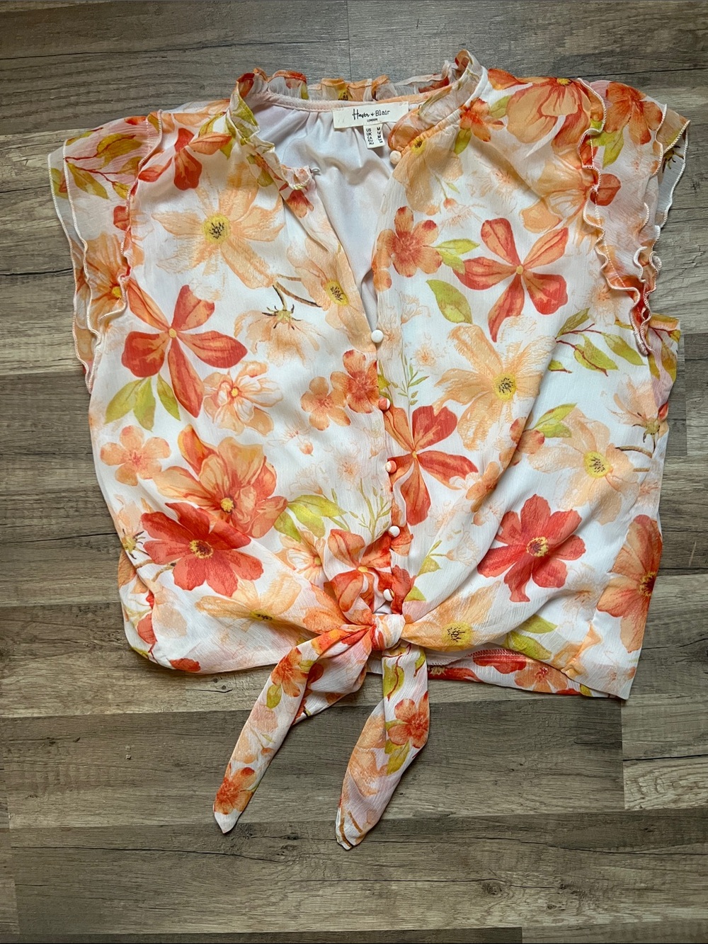 Tie-Front Floral Blouse in Orange and Cream by Haver + Blair London